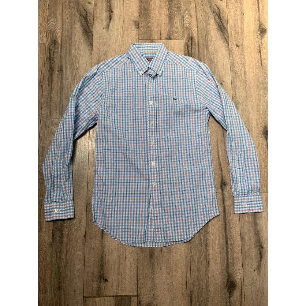 Vineyard Vines Men’s Slim Fit Whale Shirt White with Blue Peachy Pink Plaid Long